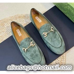 Hot Style Gucci Jordaan Suede Loafers with Crystals Green 205016