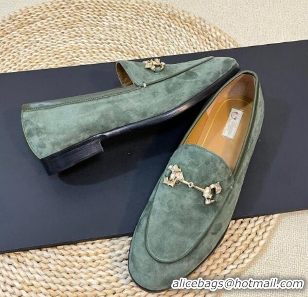 Hot Style Gucci Jordaan Suede Loafers with Crystals Green 205016