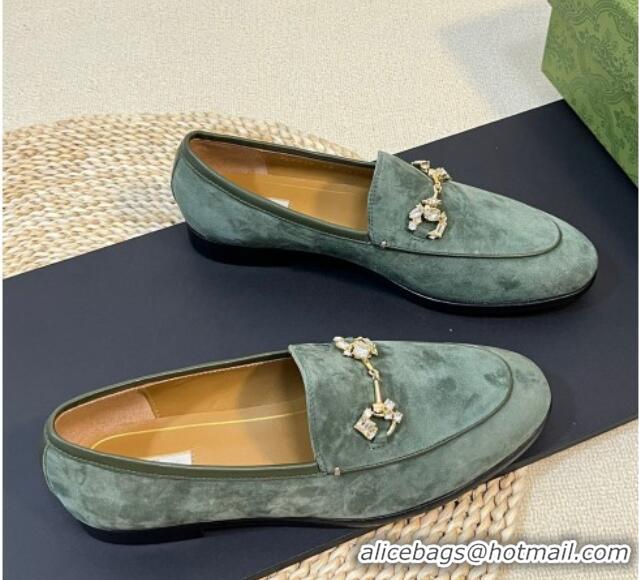 Hot Style Gucci Jordaan Suede Loafers with Crystals Green 205016