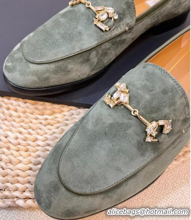 Hot Style Gucci Jordaan Suede Loafers with Crystals Green 205016