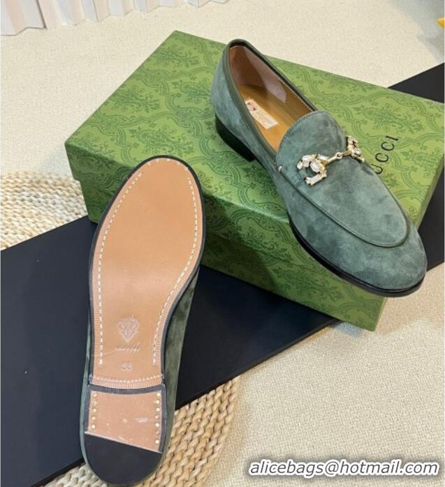 Hot Style Gucci Jordaan Suede Loafers with Crystals Green 205016