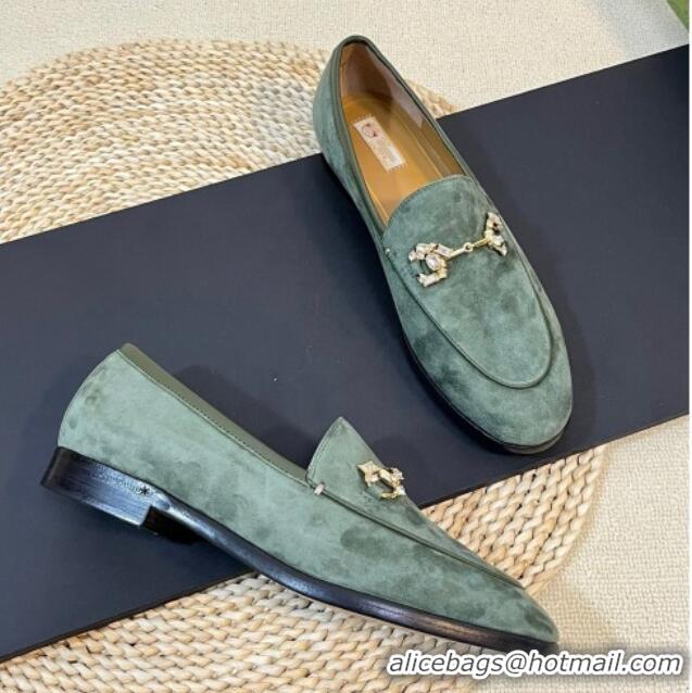 Hot Style Gucci Jordaan Suede Loafers with Crystals Green 205016