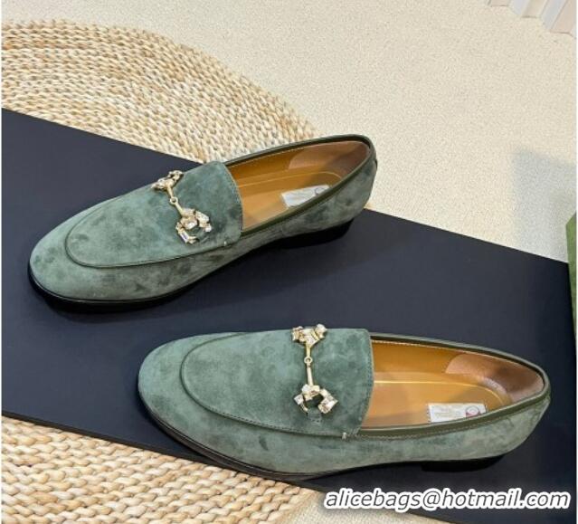 Hot Style Gucci Jordaan Suede Loafers with Crystals Green 205016