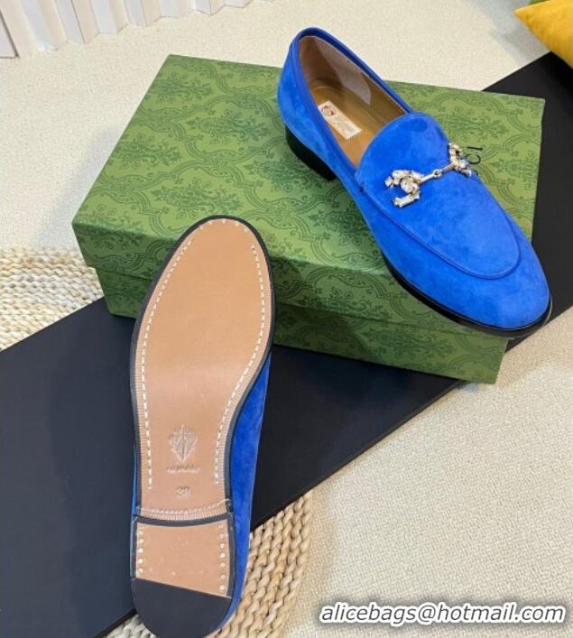 Sumptuous Gucci Jordaan Suede Loafers with Crystals Blue 205017