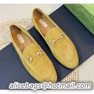 Sophisticated Gucci Jordaan Suede Loafers with Crystals Yellow 205018