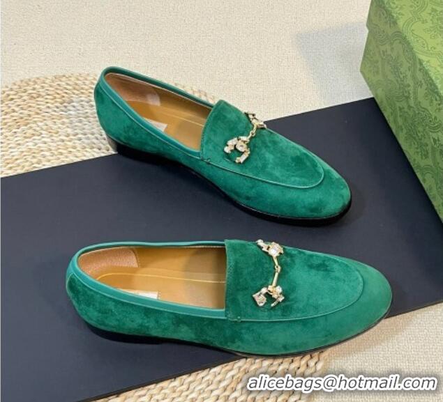 Perfect Gucci Jordaan Suede Loafers with Crystals Dark Green 205019