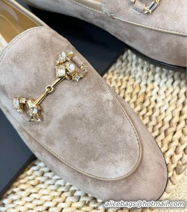 Good Quality Gucci Jordaan Suede Loafers with Crystals Grey 205020