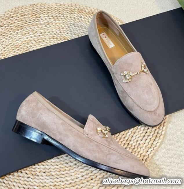 Good Quality Gucci Jordaan Suede Loafers with Crystals Grey 205020