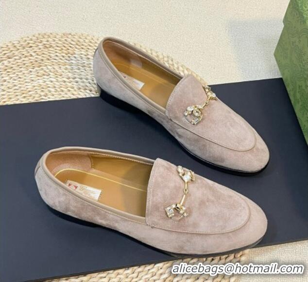 Good Quality Gucci Jordaan Suede Loafers with Crystals Grey 205020