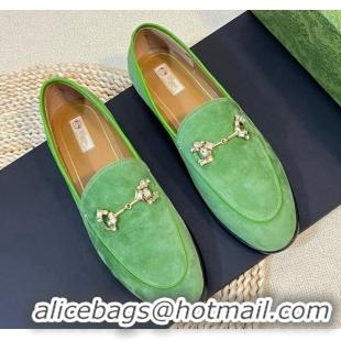 Duplicate Gucci Jordaan Suede Loafers with Crystals Light Green 205021