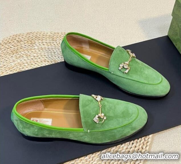 Duplicate Gucci Jordaan Suede Loafers with Crystals Light Green 205021