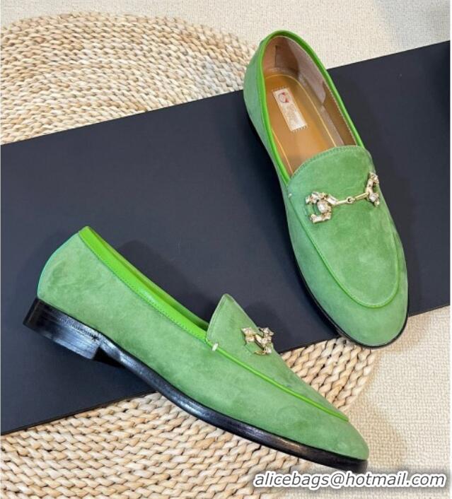 Duplicate Gucci Jordaan Suede Loafers with Crystals Light Green 205021