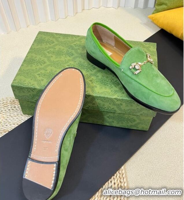 Duplicate Gucci Jordaan Suede Loafers with Crystals Light Green 205021