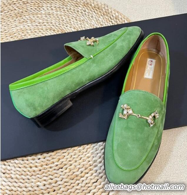 Duplicate Gucci Jordaan Suede Loafers with Crystals Light Green 205021