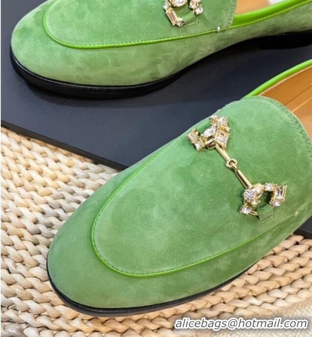 Duplicate Gucci Jordaan Suede Loafers with Crystals Light Green 205021