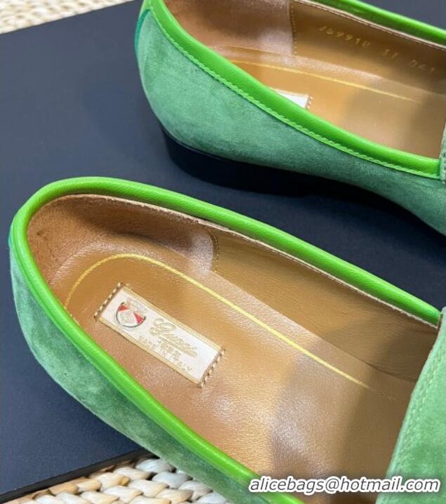 Duplicate Gucci Jordaan Suede Loafers with Crystals Light Green 205021