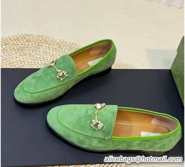 Duplicate Gucci Jordaan Suede Loafers with Crystals Light Green 205021