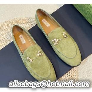 Unique Style Gucci Jordaan Suede Loafers with Crystals Green 205022