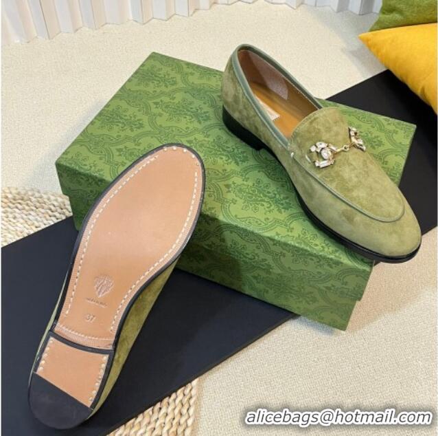 Unique Style Gucci Jordaan Suede Loafers with Crystals Green 205022