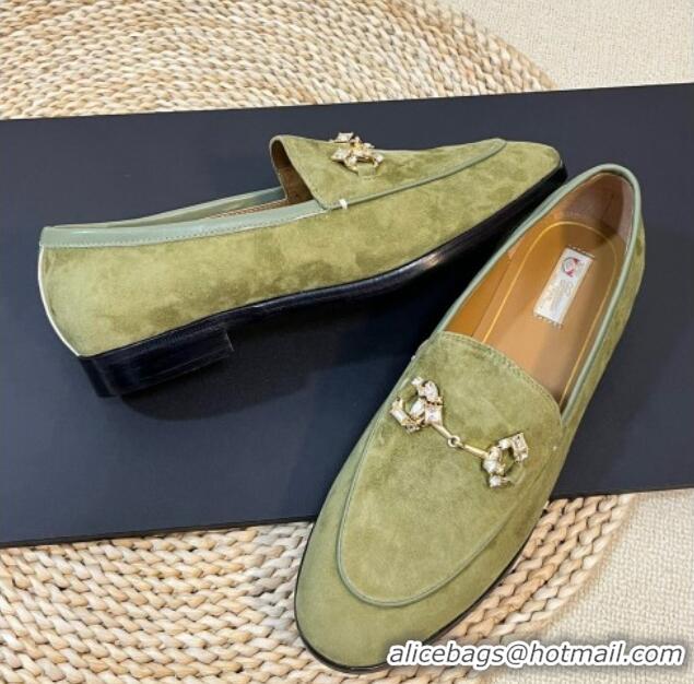 Unique Style Gucci Jordaan Suede Loafers with Crystals Green 205022