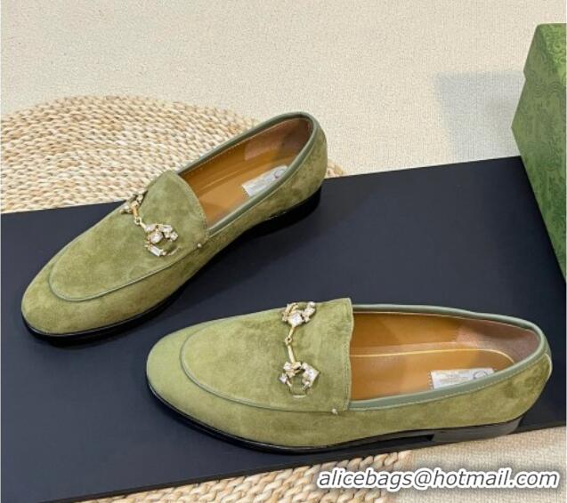 Unique Style Gucci Jordaan Suede Loafers with Crystals Green 205022