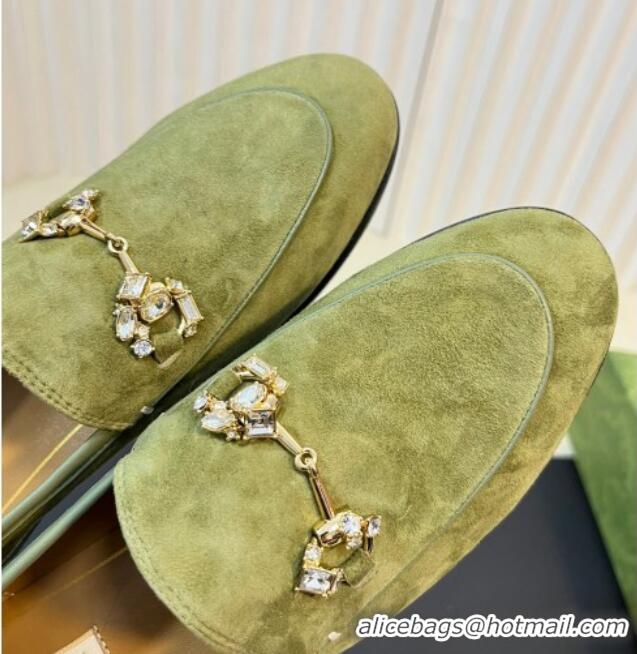 Unique Style Gucci Jordaan Suede Loafers with Crystals Green 205022