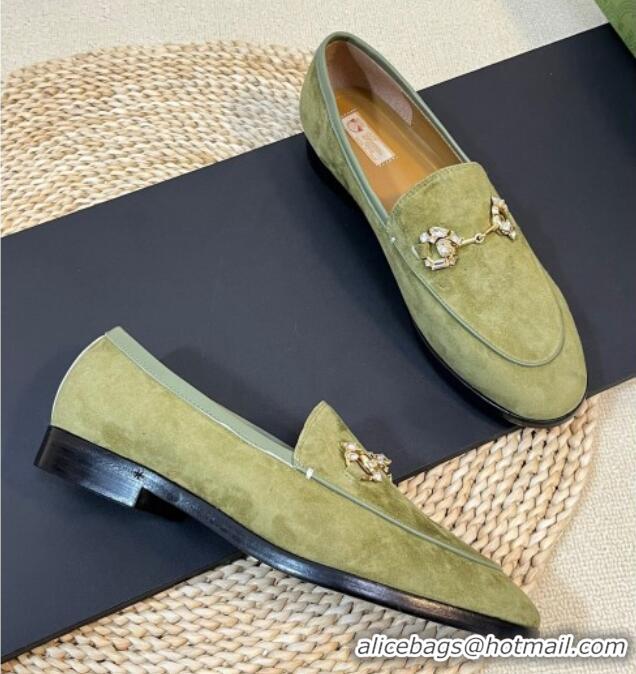 Unique Style Gucci Jordaan Suede Loafers with Crystals Green 205022