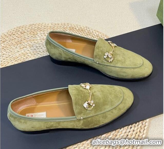 Unique Style Gucci Jordaan Suede Loafers with Crystals Green 205022