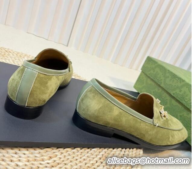 Unique Style Gucci Jordaan Suede Loafers with Crystals Green 205022