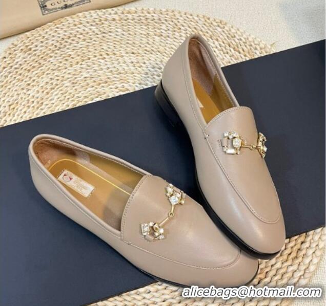 Best Grade Gucci Jordaan Leather Loafers with Crystals Light Grey 205023