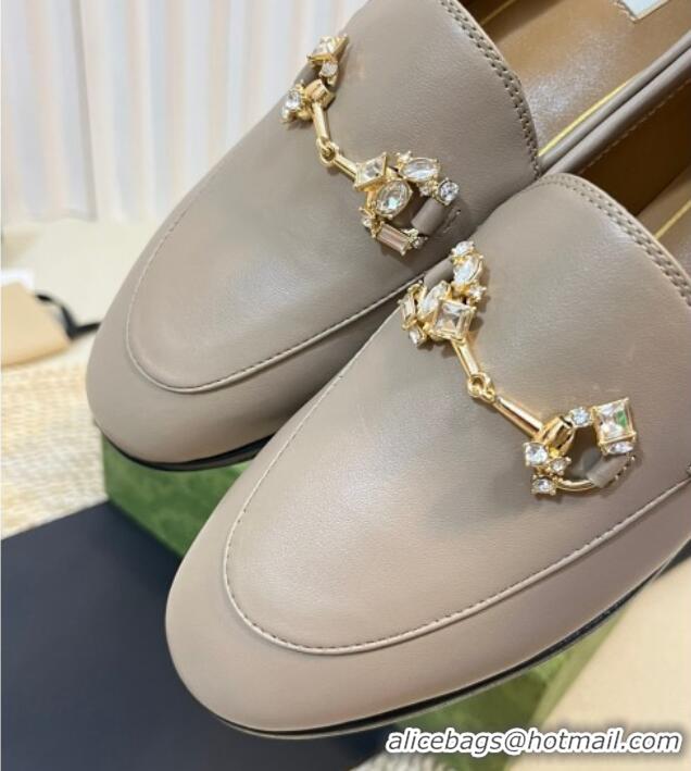 Best Grade Gucci Jordaan Leather Loafers with Crystals Light Grey 205023