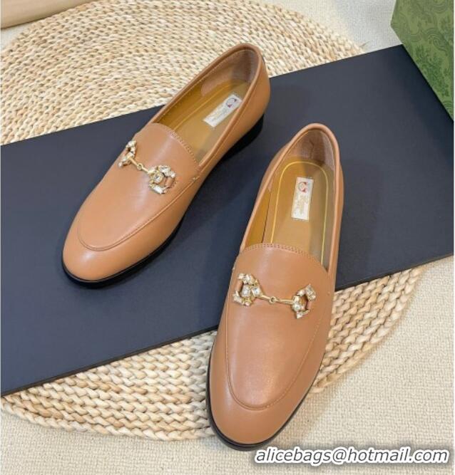 Buy Discount Gucci Jordaan Suede Loafers with Crystals Tan Brown 205024