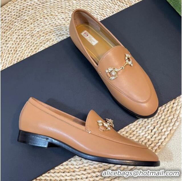 Buy Discount Gucci Jordaan Suede Loafers with Crystals Tan Brown 205024