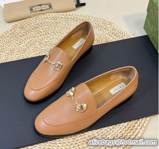 Buy Discount Gucci Jordaan Suede Loafers with Crystals Tan Brown 205024