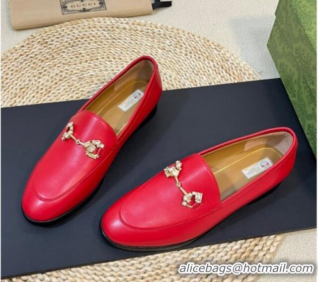 Buy Luxury Gucci Jordaan Leather Loafers with Crystals Red 205026