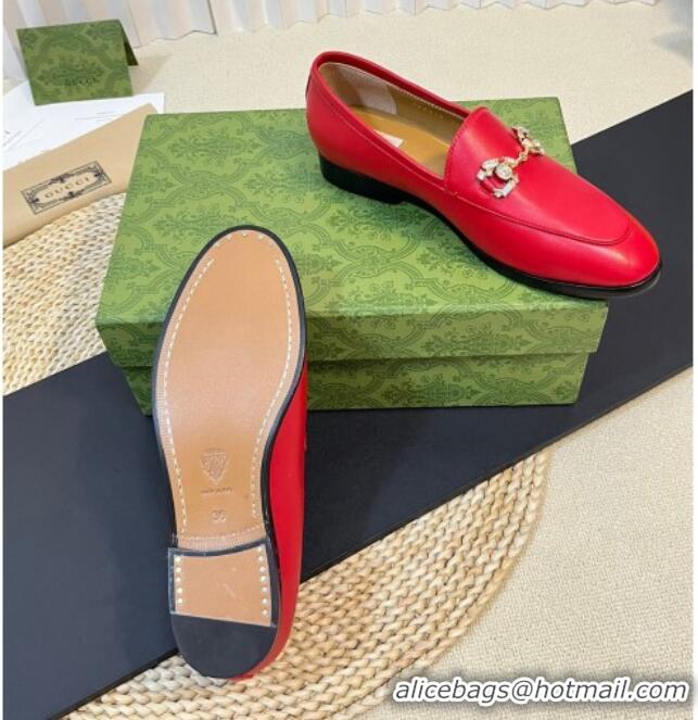 Buy Luxury Gucci Jordaan Leather Loafers with Crystals Red 205026