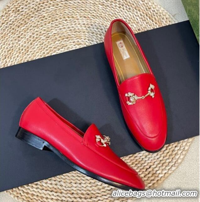 Buy Luxury Gucci Jordaan Leather Loafers with Crystals Red 205026