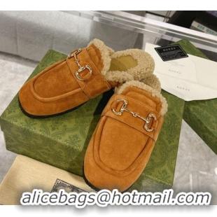 Classic Hot Gucci Flat Mules with Horsebit in Suede and Shearling Brown 205030