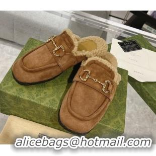 Best Grade Gucci Flat Mules with Horsebit in Suede and Shearling Dark Brown 205031