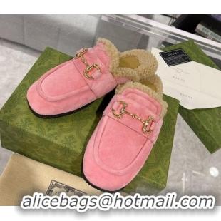 Best Price Gucci Flat Mules with Horsebit in Suede and Shearling Light Pink 205032