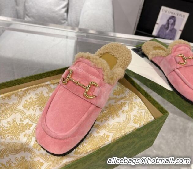 Best Price Gucci Flat Mules with Horsebit in Suede and Shearling Light Pink 205032