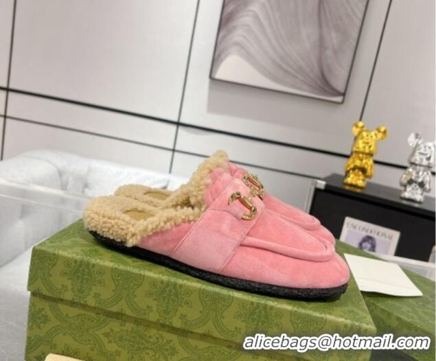 Best Price Gucci Flat Mules with Horsebit in Suede and Shearling Light Pink 205032