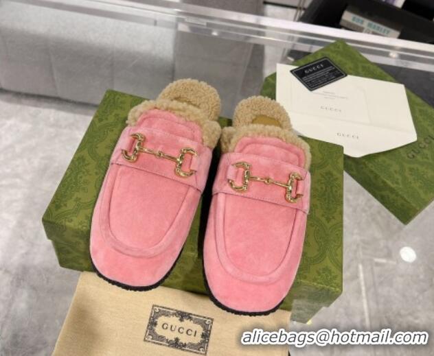 Best Price Gucci Flat Mules with Horsebit in Suede and Shearling Light Pink 205032