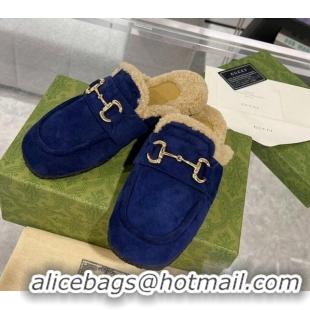 Top Design Gucci Flat Mules with Horsebit in Suede and Shearling Dark Blue 205033