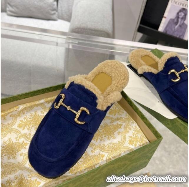 Top Design Gucci Flat Mules with Horsebit in Suede and Shearling Dark Blue 205033