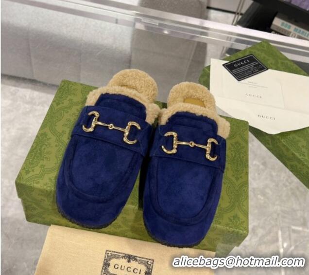 Top Design Gucci Flat Mules with Horsebit in Suede and Shearling Dark Blue 205033