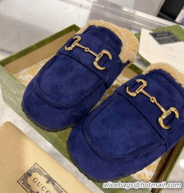 Top Design Gucci Flat Mules with Horsebit in Suede and Shearling Dark Blue 205033