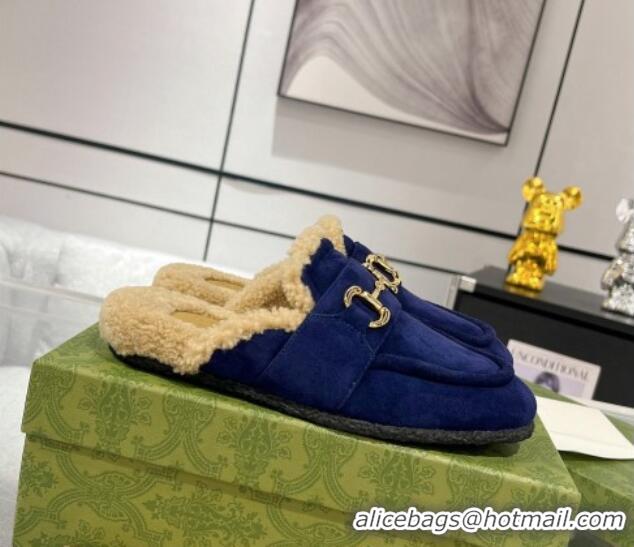 Top Design Gucci Flat Mules with Horsebit in Suede and Shearling Dark Blue 205033