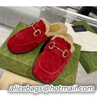 Best Price Gucci Flat Mules with Horsebit in Suede and Shearling Red 205034