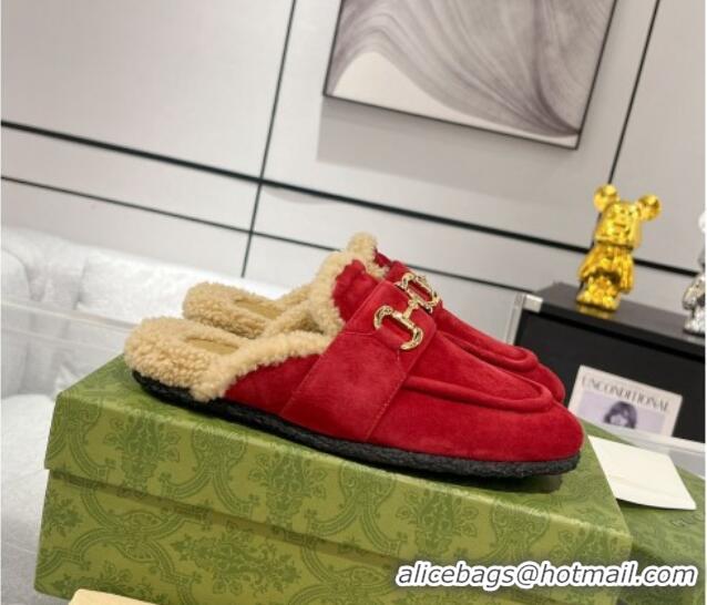 Best Price Gucci Flat Mules with Horsebit in Suede and Shearling Red 205034